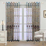 Gaeaspace  -  European Luxury Retro Rose Embroidery Tulle Curtain Blue Coffee Gradient Window Screen Grommet Top For Living Room and Bedroom