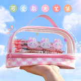 Gaeaspace  -  INS Portable Transparent Large Capacity Pen Bag Cute Girl Heart Double Layer Waterproof Makeup Bag Student Pencil Stationery Box