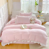 Gaeaspace  -  Korean Princess Style Duvet Cover Set No Filling Pink Blue Soft Washed Cotton Girls Favorite Ruffles Bed Linen Pillowcases