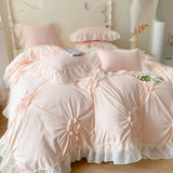 Gaeaspace   -  Lace Ruffles Princess Wedding Bedding Set, Queen Size, Hand-Made, Pleat, Pearl, Duvet Cover, Bedclothes, Sheet, Pillowcases