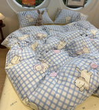 Gaeaspace  -  Cute cat blue plaid bedding set single double teen,twin full queen lovely cotton home textile bed sheet pillow case quilt cover