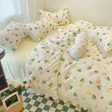 Gaeaspace  -  Ins Tulip Floral Bedding With Seersucker Simple Flower Duvet Cover Single Double Bed Sheet Quilt Cover Four Seasons Bed Linens