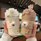 Gaeaspace  -  450ML Cute Bear Double Drink Thermos Coffee Mug With Straw Portable Stainless Steel Tumbler Insulated Cup Bottle For Kids Girls