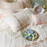 Gaeasapce  -  Pink French Princess Wedding Romantic Pleat Lace Ruffles Bedding Set Soft Cozy Korean Girls Duvet Cover Set Bed Sheet Pillowcase