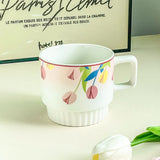 Gaeaspace  -  Tulip Flower Coffee Cup with Handle Ins Style Creative Couple for Girls Gift Cute Ceramic Mug Oatmea Breakfast Milk Wate Cup